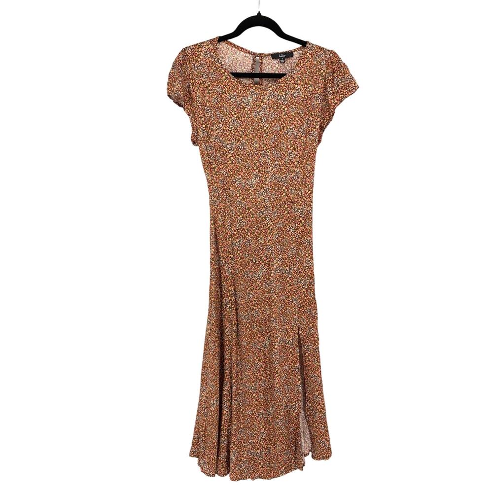 Lulus Midi Dress Women's Size Small Micro Floral Print Short Sleeve Keyhole Back